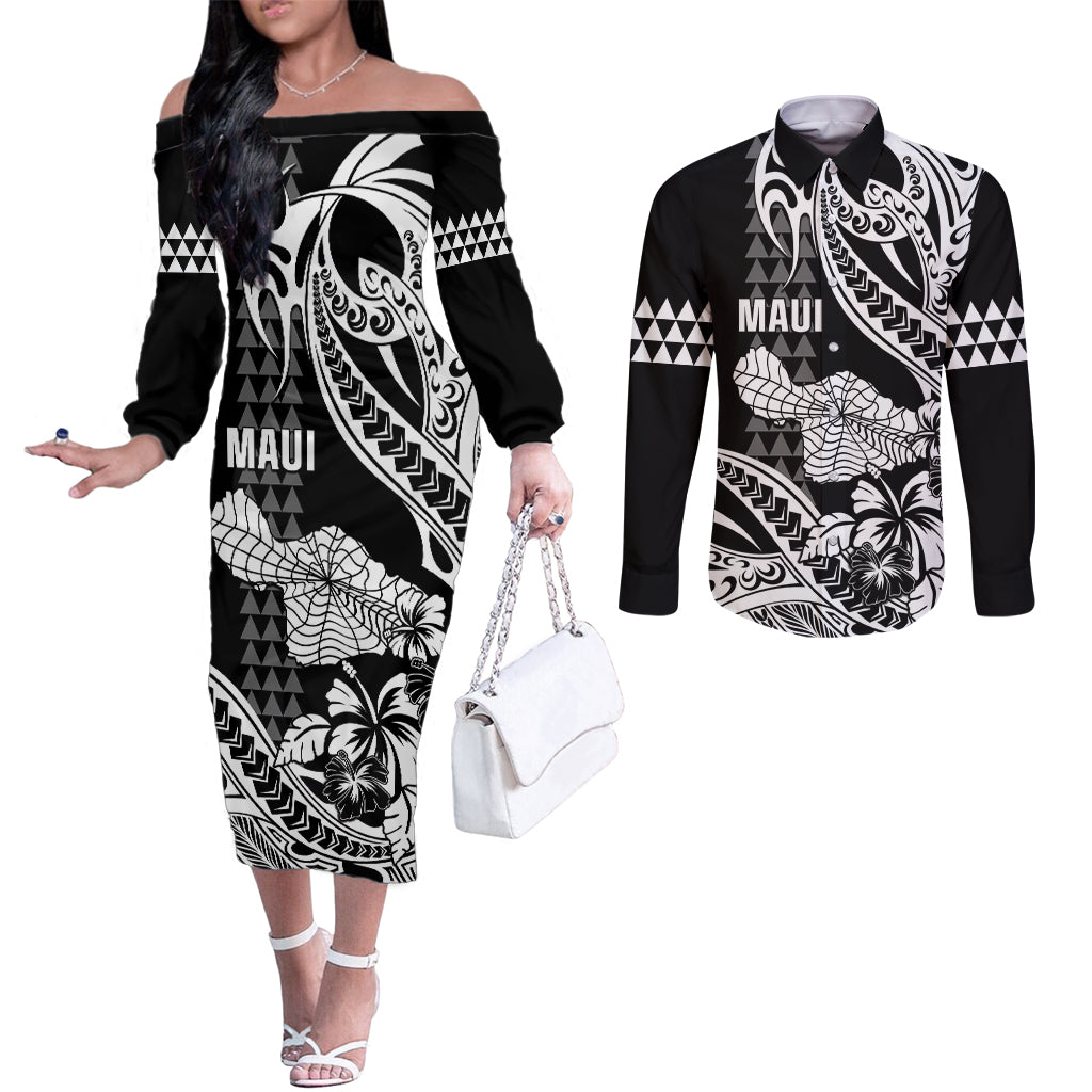 Hawaii Maui Upena Kiloi Couples Matching Off The Shoulder Long Sleeve Dress and Long Sleeve Button Shirt Kakau Tribal Pattern Black Version