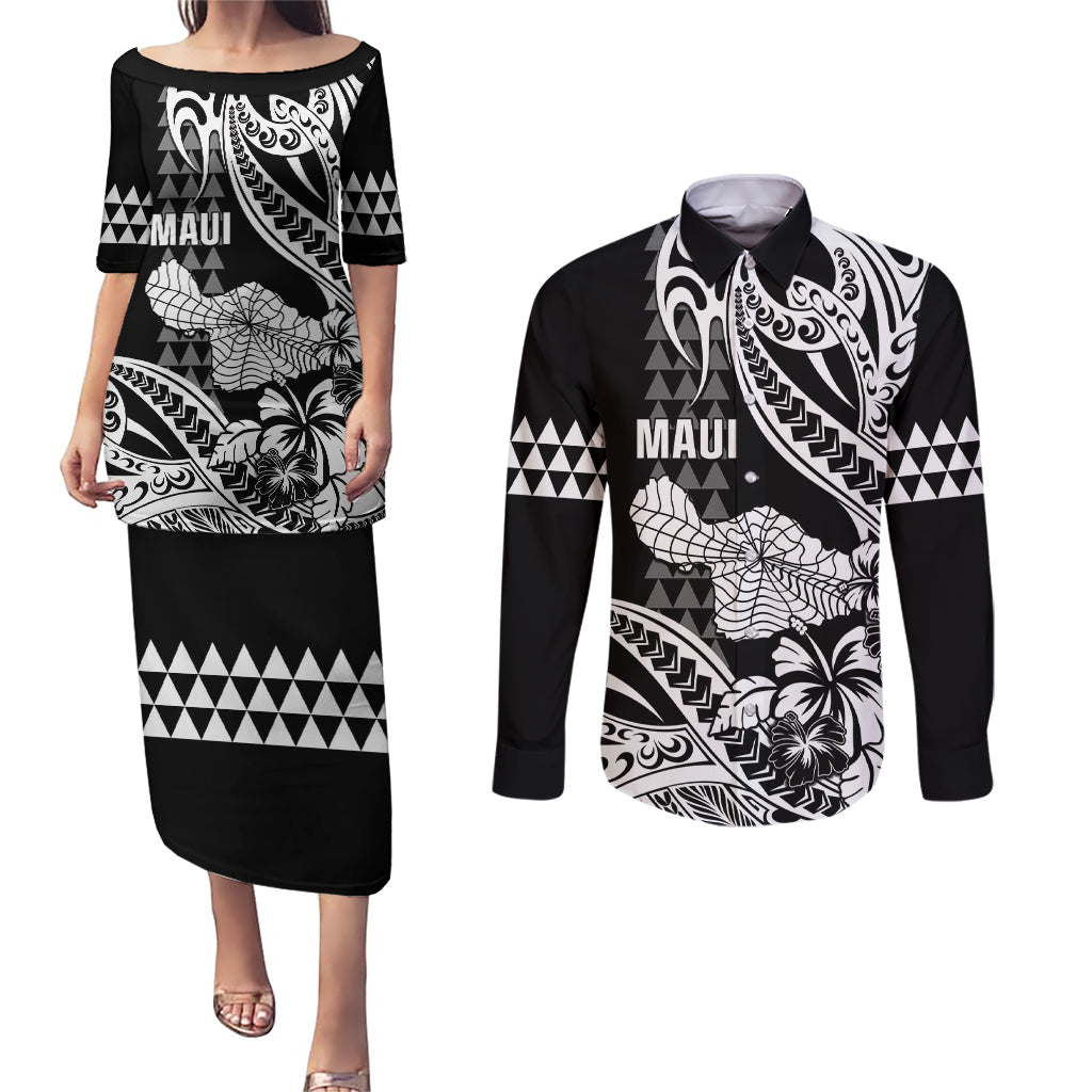 Hawaii Maui Upena Kiloi Couples Matching Puletasi and Long Sleeve Button Shirt Kakau Tribal Pattern Black Version