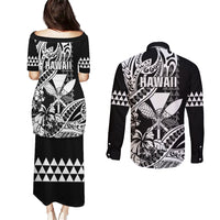 Hawaii Maui Upena Kiloi Couples Matching Puletasi and Long Sleeve Button Shirt Kakau Tribal Pattern Black Version