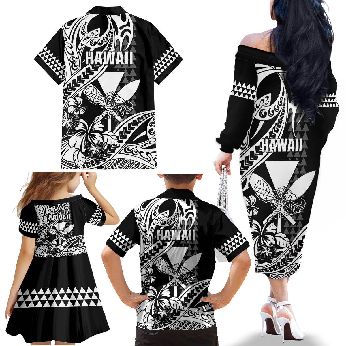 Hawaii Maui Upena Kiloi Family Matching Off The Shoulder Long Sleeve Dress and Hawaiian Shirt Kakau Tribal Pattern Black Version