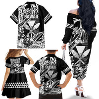 Hawaii Maui Upena Kiloi Family Matching Off The Shoulder Long Sleeve Dress and Hawaiian Shirt Kakau Tribal Pattern Black Version