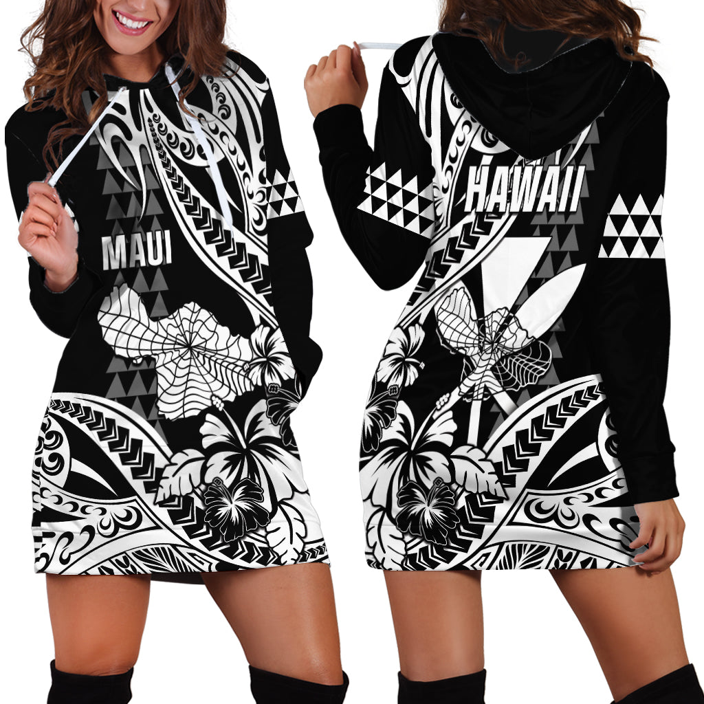 Hawaii Maui Upena Kiloi Hoodie Dress Kakau Tribal Pattern Black Version
