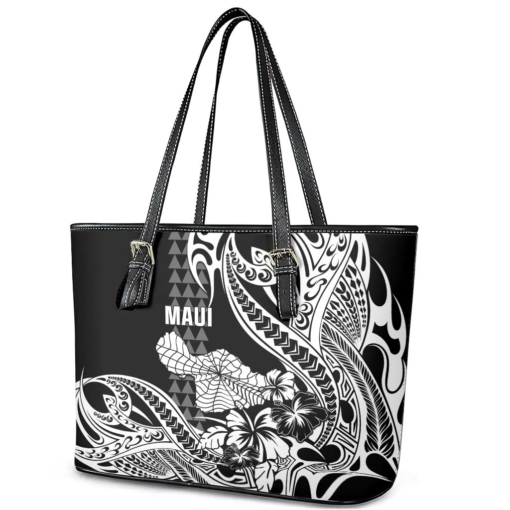 Hawaii Maui Upena Kiloi Leather Tote Bag Kakau Tribal Pattern Black Version