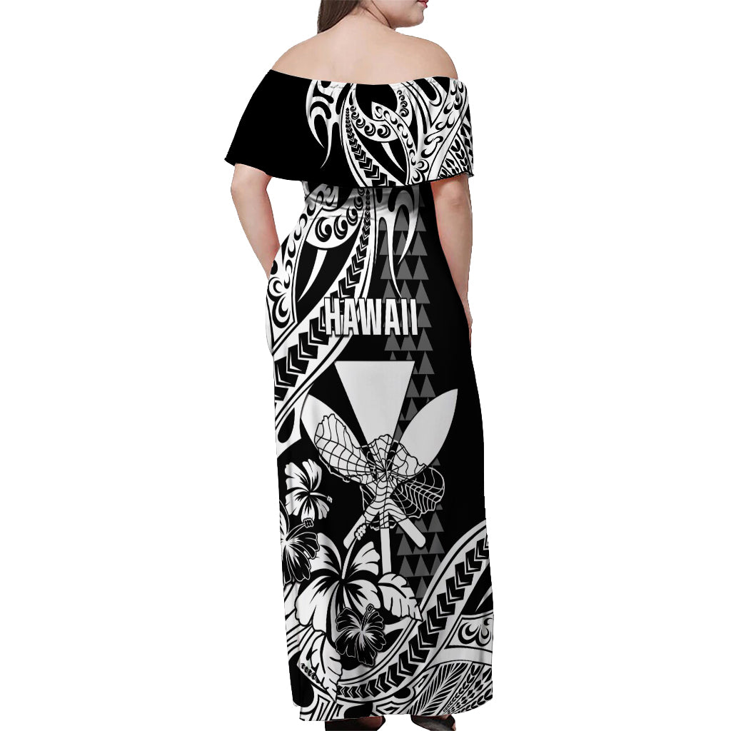 Hawaii Maui Upena Kiloi Off Shoulder Maxi Dress Kakau Tribal Pattern Black Version