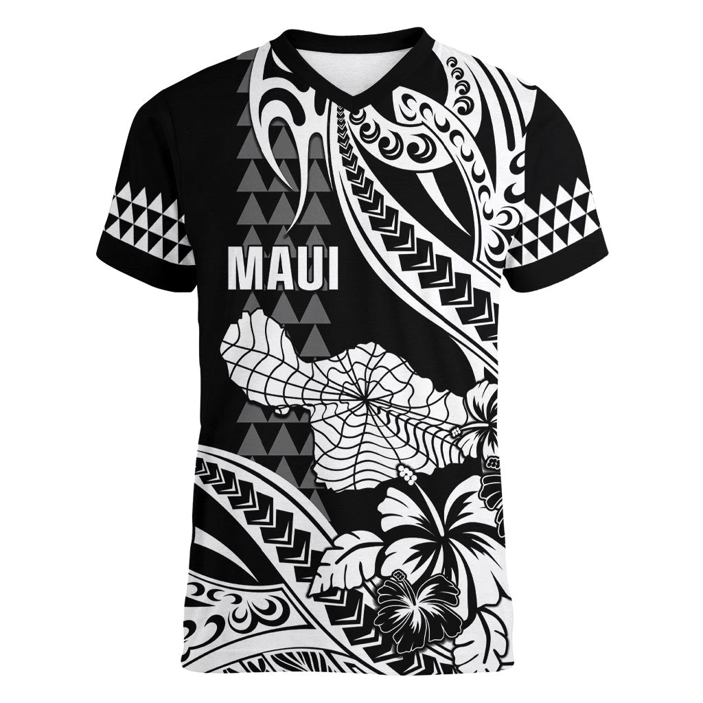 Hawaii Maui Upena Kiloi Women V-Neck T-Shirt Kakau Tribal Pattern Black Version LT05 Female Black - Polynesian Pride