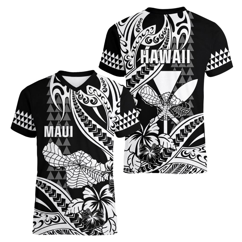 Hawaii Maui Upena Kiloi Women V-Neck T-Shirt Kakau Tribal Pattern Black Version LT05 - Polynesian Pride