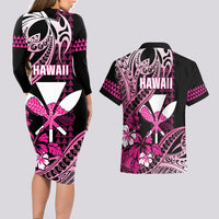 Hawaii Maui Upena Kiloi Couples Matching Long Sleeve Bodycon Dress and Hawaiian Shirt Kakau Tribal Pattern Pink Version