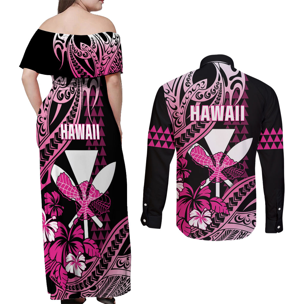 Hawaii Maui Upena Kiloi Couples Matching Off Shoulder Maxi Dress and Long Sleeve Button Shirt Kakau Tribal Pattern Pink Version
