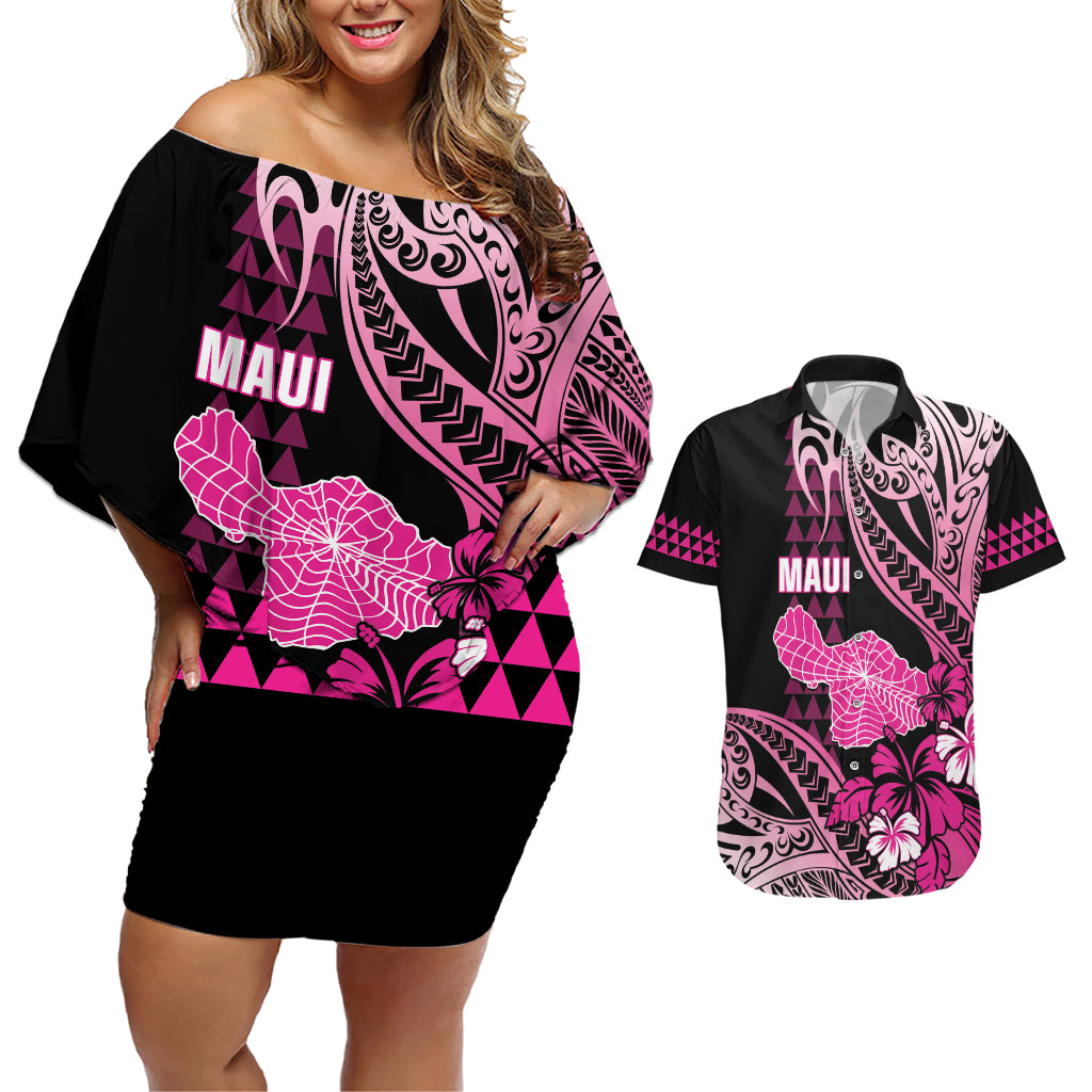 Hawaii Maui Upena Kiloi Couples Matching Off Shoulder Short Dress and Hawaiian Shirt Kakau Tribal Pattern Pink Version