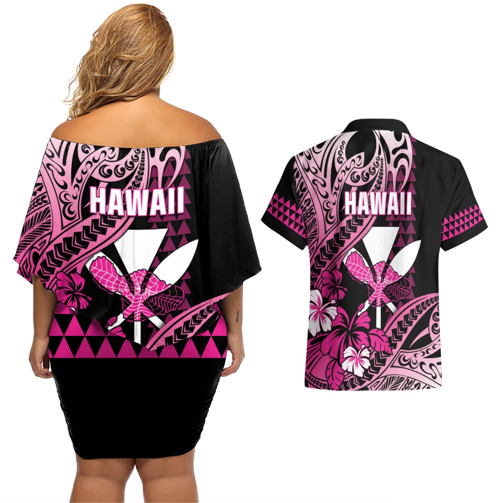 Hawaii Maui Upena Kiloi Couples Matching Off Shoulder Short Dress and Hawaiian Shirt Kakau Tribal Pattern Pink Version