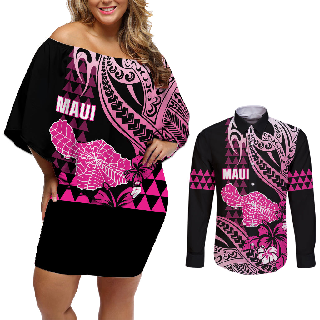 Hawaii Maui Upena Kiloi Couples Matching Off Shoulder Short Dress and Long Sleeve Button Shirt Kakau Tribal Pattern Pink Version
