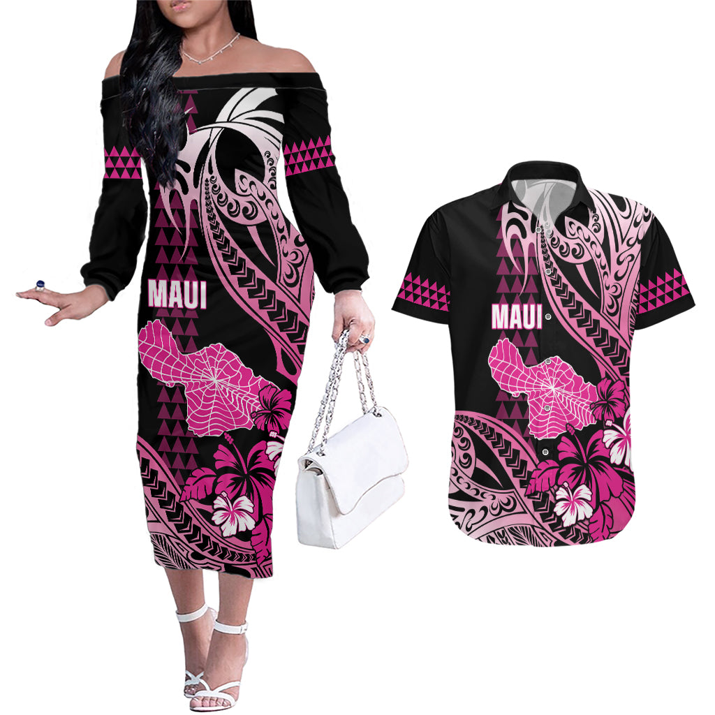 Hawaii Maui Upena Kiloi Couples Matching Off The Shoulder Long Sleeve Dress and Hawaiian Shirt Kakau Tribal Pattern Pink Version