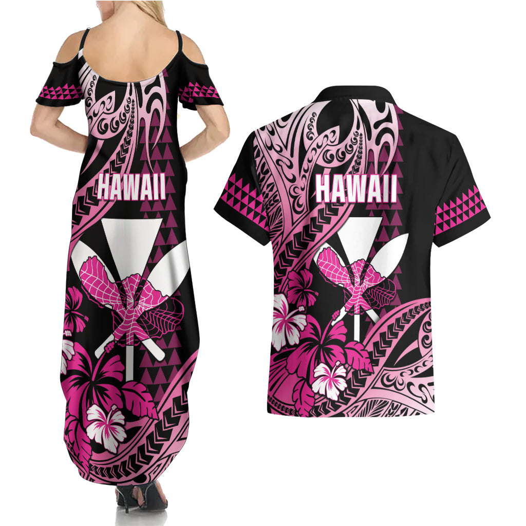 Hawaii Maui Upena Kiloi Couples Matching Summer Maxi Dress and Hawaiian Shirt Kakau Tribal Pattern Pink Version