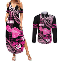Hawaii Maui Upena Kiloi Couples Matching Summer Maxi Dress and Long Sleeve Button Shirt Kakau Tribal Pattern Pink Version