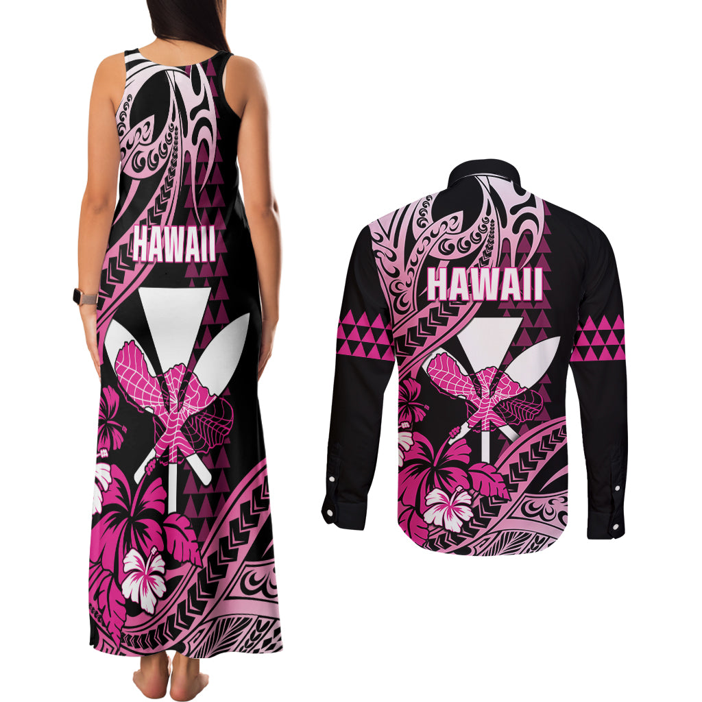 Hawaii Maui Upena Kiloi Couples Matching Tank Maxi Dress and Long Sleeve Button Shirt Kakau Tribal Pattern Pink Version