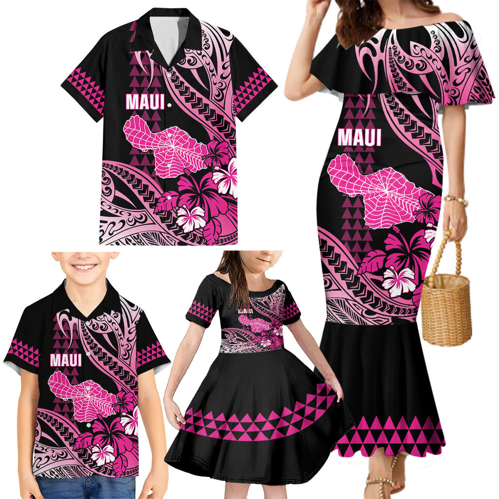 Hawaii Maui Upena Kiloi Family Matching Mermaid Dress and Hawaiian Shirt Kakau Tribal Pattern Pink Version