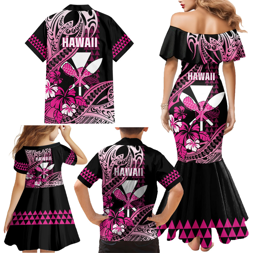 Hawaii Maui Upena Kiloi Family Matching Mermaid Dress and Hawaiian Shirt Kakau Tribal Pattern Pink Version