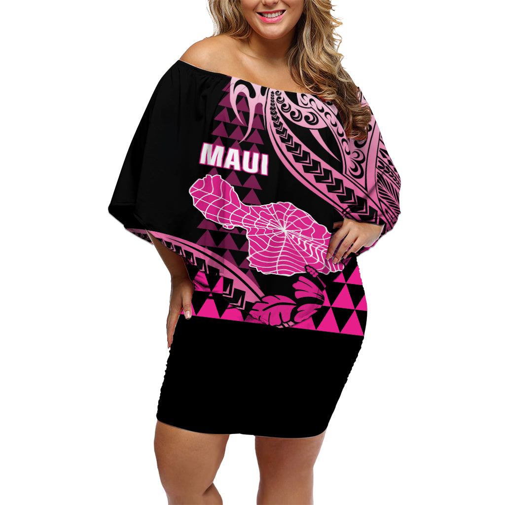 Hawaii Maui Upena Kiloi Off Shoulder Short Dress Kakau Tribal Pattern Pink Version