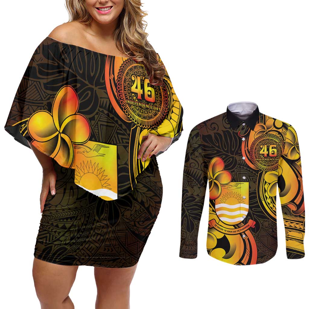 Personalised Kiribati Independence Day Couples Matching Off Shoulder Short Dress and Long Sleeve Button Shirt 46th Anniversary
