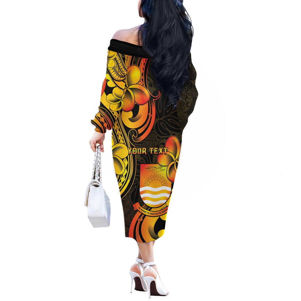 Personalised Kiribati Independence Day Off The Shoulder Long Sleeve Dress 46th Anniversary