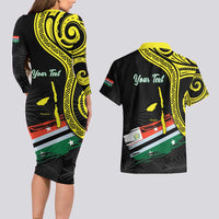 Personalised Vanuatu Penama Day Couples Matching Long Sleeve Bodycon Dress and Hawaiian Shirt Grunge Flag Style - Polynesian Pride