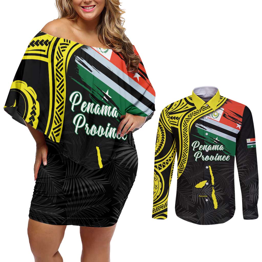 Personalised Vanuatu Penama Day Couples Matching Off Shoulder Short Dress and Long Sleeve Button Shirt Grunge Flag Style LT05 Black - Polynesian Pride