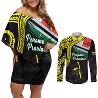 Personalised Vanuatu Penama Day Couples Matching Off Shoulder Short Dress and Long Sleeve Button Shirt Grunge Flag Style LT05 Black - Polynesian Pride
