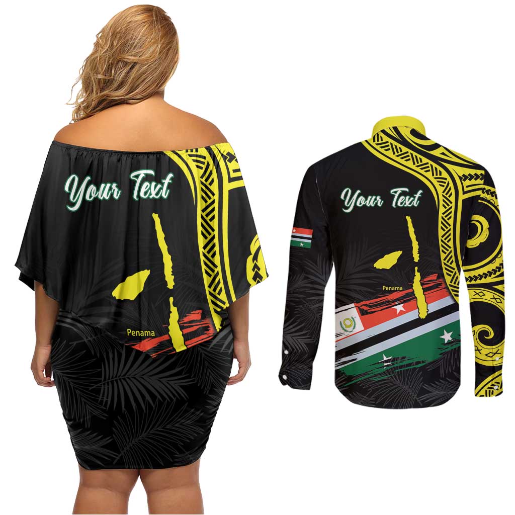 Personalised Vanuatu Penama Day Couples Matching Off Shoulder Short Dress and Long Sleeve Button Shirt Grunge Flag Style LT05 - Polynesian Pride
