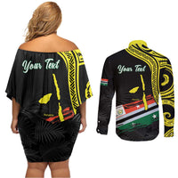 Personalised Vanuatu Penama Day Couples Matching Off Shoulder Short Dress and Long Sleeve Button Shirt Grunge Flag Style LT05 - Polynesian Pride