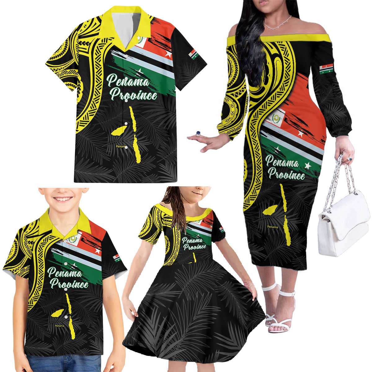Personalised Vanuatu Penama Day Family Matching Off The Shoulder Long Sleeve Dress and Hawaiian Shirt Grunge Flag Style - Polynesian Pride