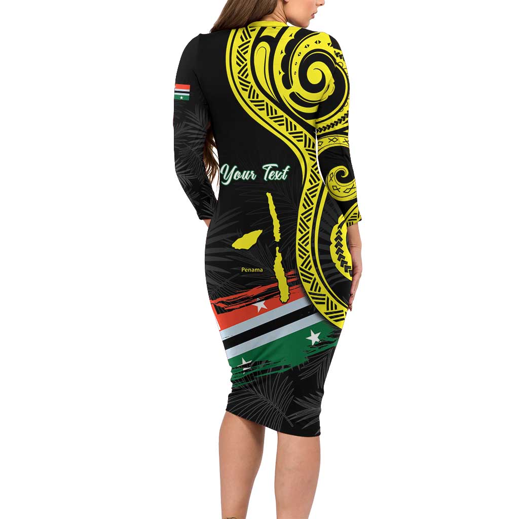Personalised Vanuatu Penama Day Long Sleeve Bodycon Dress Grunge Flag Style - Polynesian Pride