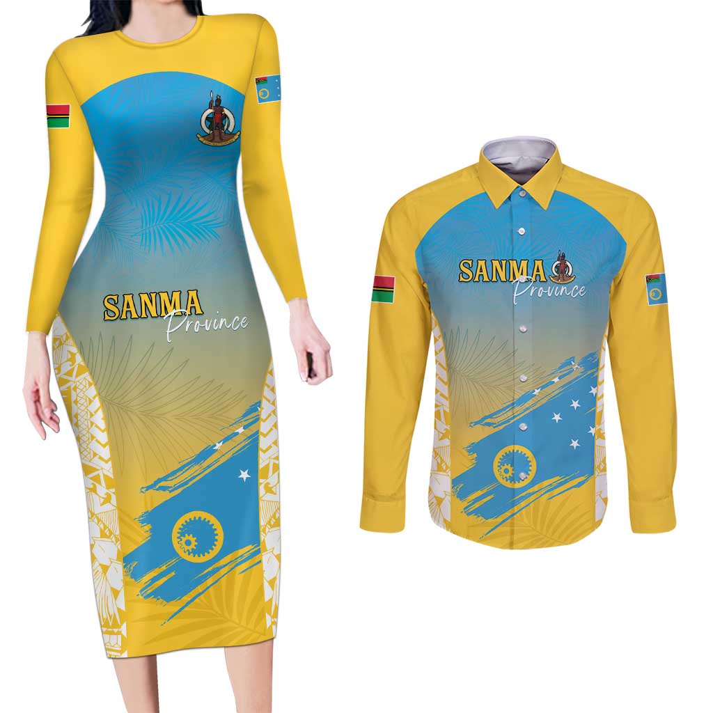 Personalised Vanuatu Sanma Day Couples Matching Long Sleeve Bodycon Dress and Long Sleeve Button Shirt Special Style LT05 Yellow - Polynesian Pride