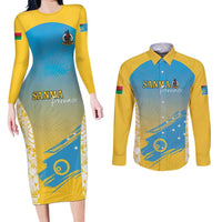Personalised Vanuatu Sanma Day Couples Matching Long Sleeve Bodycon Dress and Long Sleeve Button Shirt Special Style LT05 Yellow - Polynesian Pride