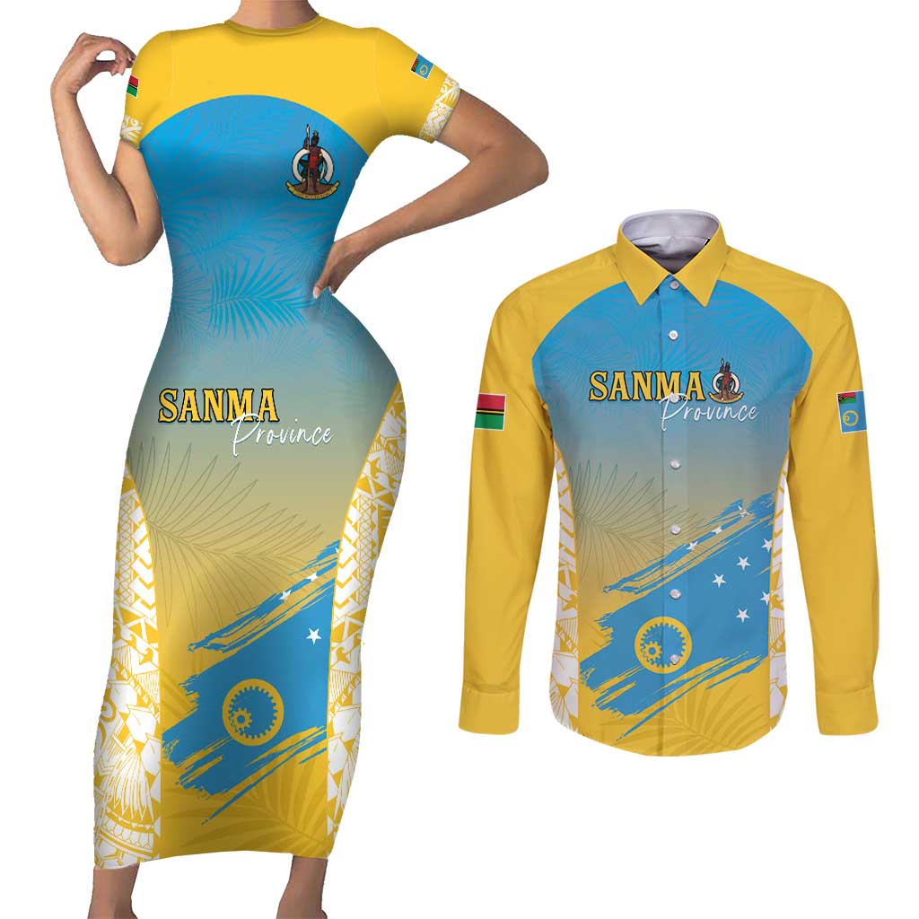 Personalised Vanuatu Sanma Day Couples Matching Short Sleeve Bodycon Dress and Long Sleeve Button Shirt Special Style LT05 Yellow - Polynesian Pride