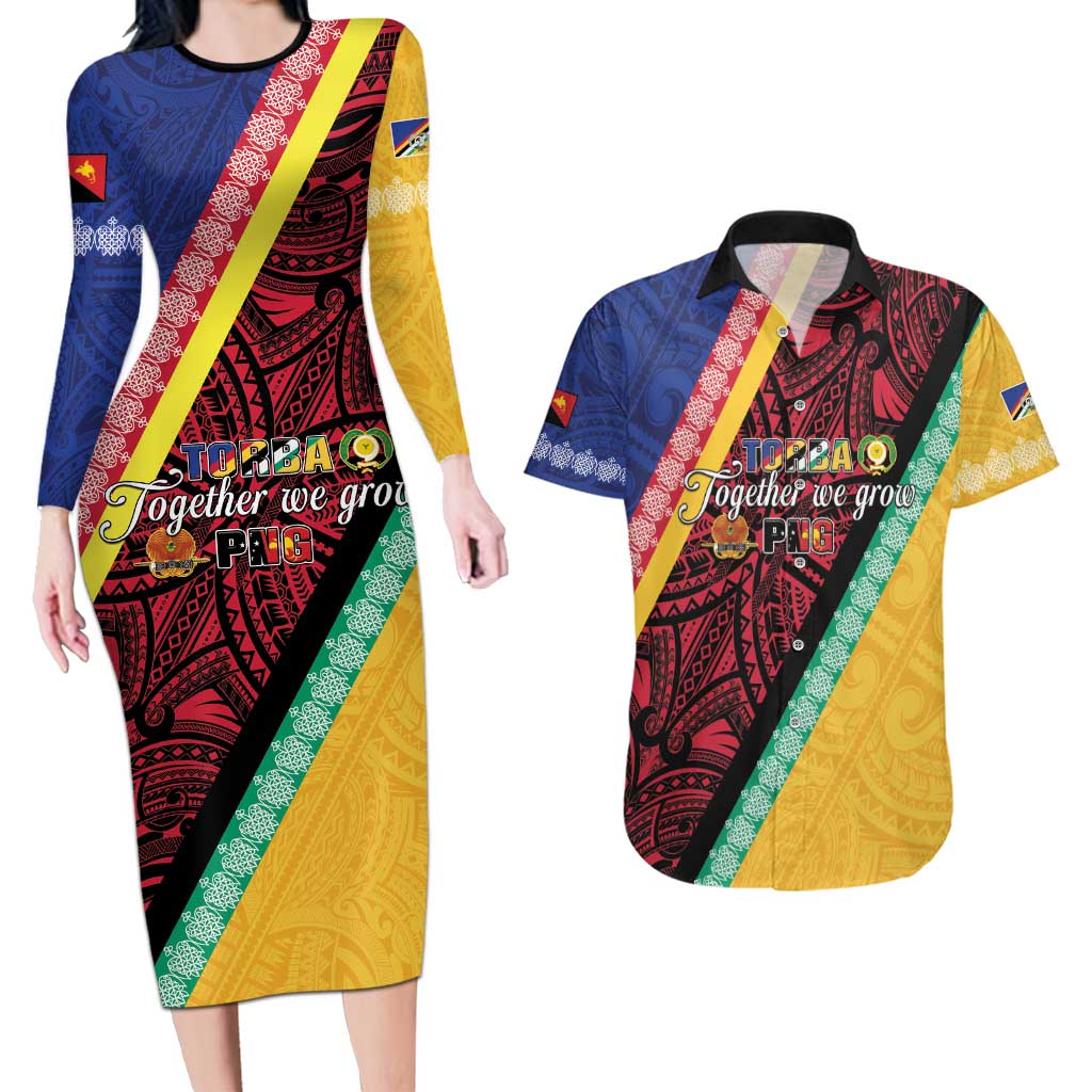 Love Torba PNG Day Couples Matching Long Sleeve Bodycon Dress and Hawaiian Shirt Together We Grow - Polynesian Pride