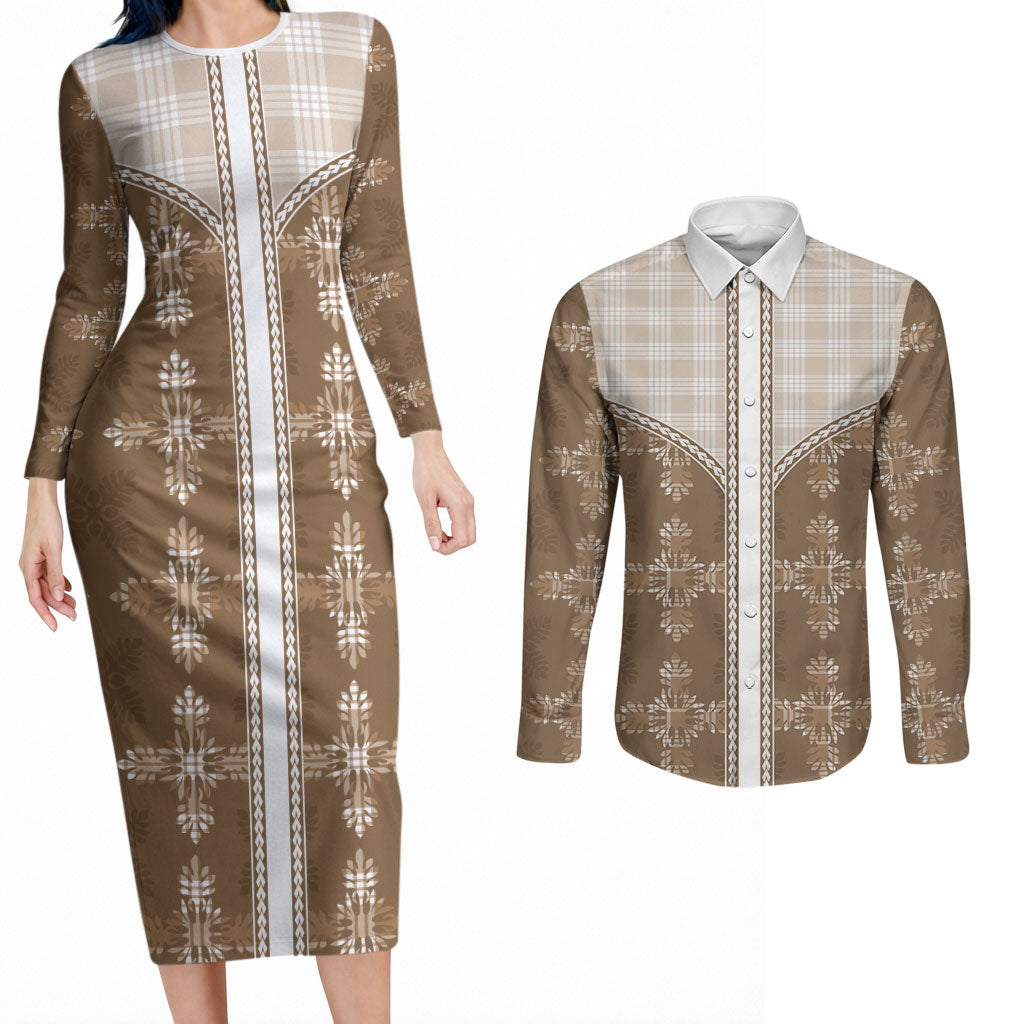 Beige Hawaii Paniolo Quilt Motif Couples Matching Long Sleeve Bodycon Dress and Long Sleeve Button Shirt LT05 Beige - Polynesian Pride