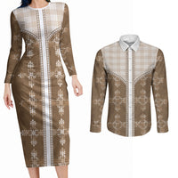 Beige Hawaii Paniolo Quilt Motif Couples Matching Long Sleeve Bodycon Dress and Long Sleeve Button Shirt LT05 Beige - Polynesian Pride