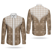 Beige Hawaii Paniolo Quilt Motif Couples Matching Long Sleeve Bodycon Dress and Long Sleeve Button Shirt LT05 - Polynesian Pride