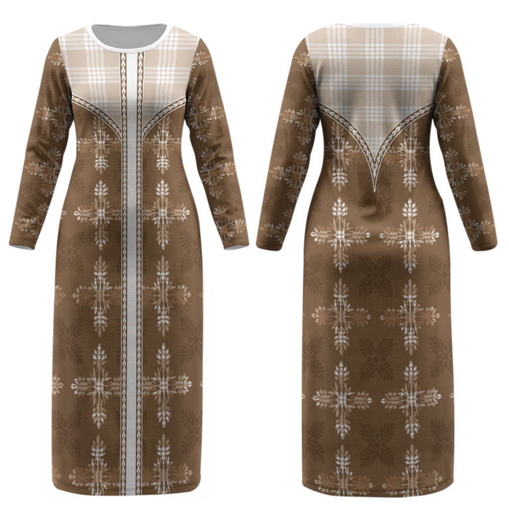 Beige Hawaii Paniolo Quilt Motif Couples Matching Long Sleeve Bodycon Dress and Long Sleeve Button Shirt LT05 - Polynesian Pride