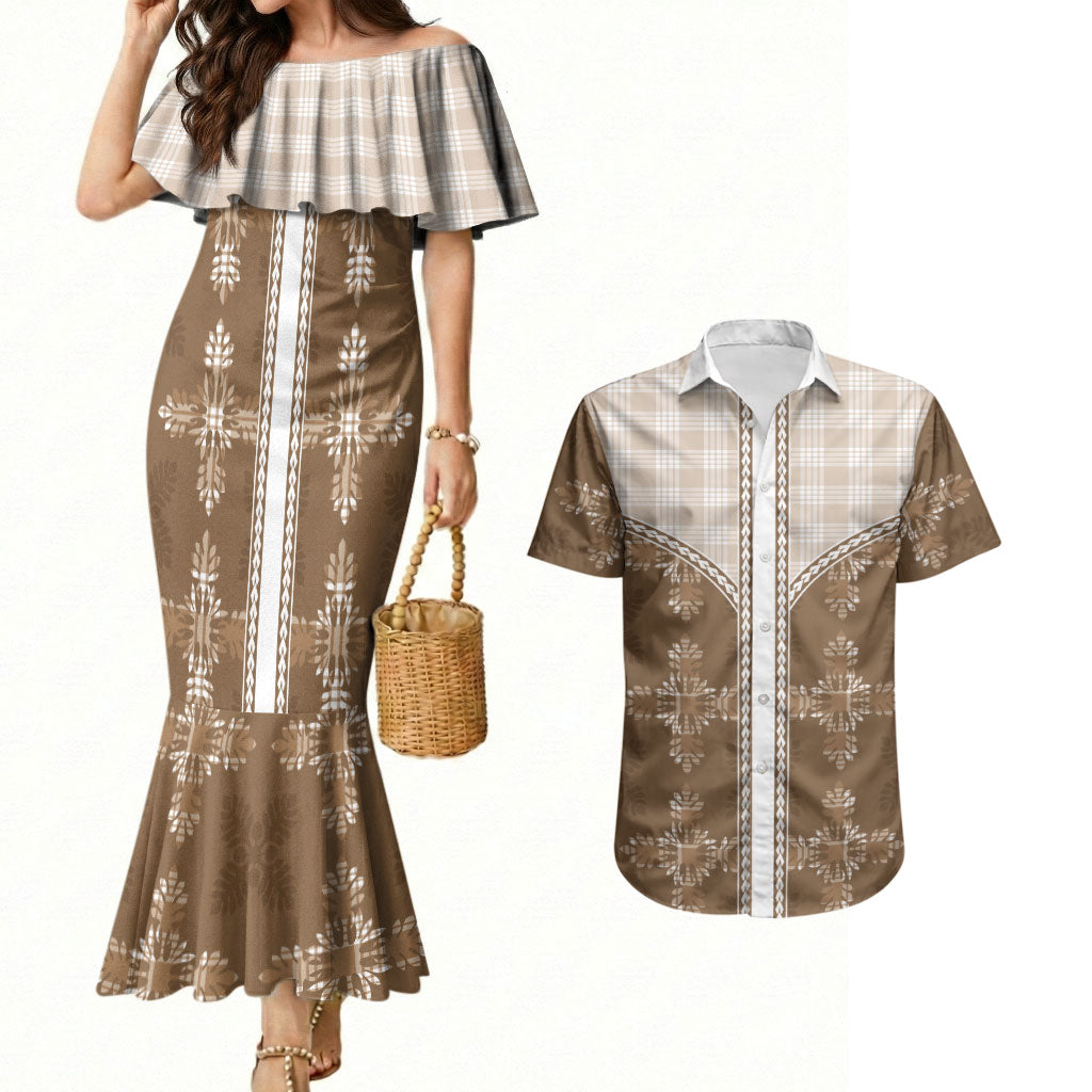 Beige Hawaii Paniolo Quilt Motif Couples Matching Mermaid Dress and Hawaiian Shirt LT05 Beige - Polynesian Pride