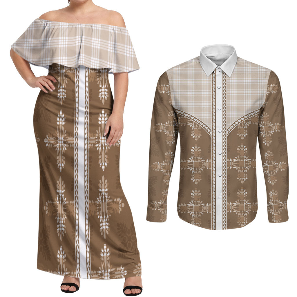 Beige Hawaii Paniolo Quilt Motif Couples Matching Off Shoulder Maxi Dress and Long Sleeve Button Shirt LT05 Beige - Polynesian Pride