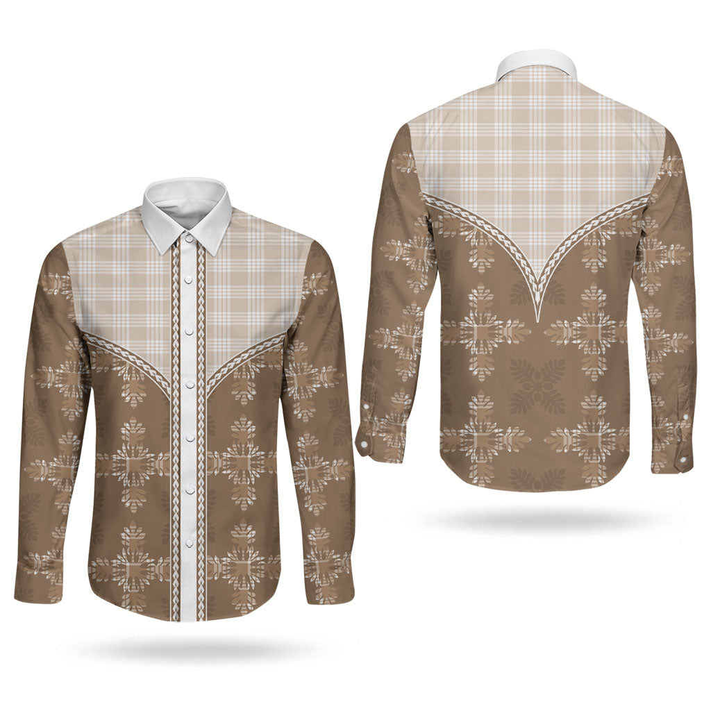 Beige Hawaii Paniolo Quilt Motif Couples Matching Off Shoulder Maxi Dress and Long Sleeve Button Shirt LT05 - Polynesian Pride