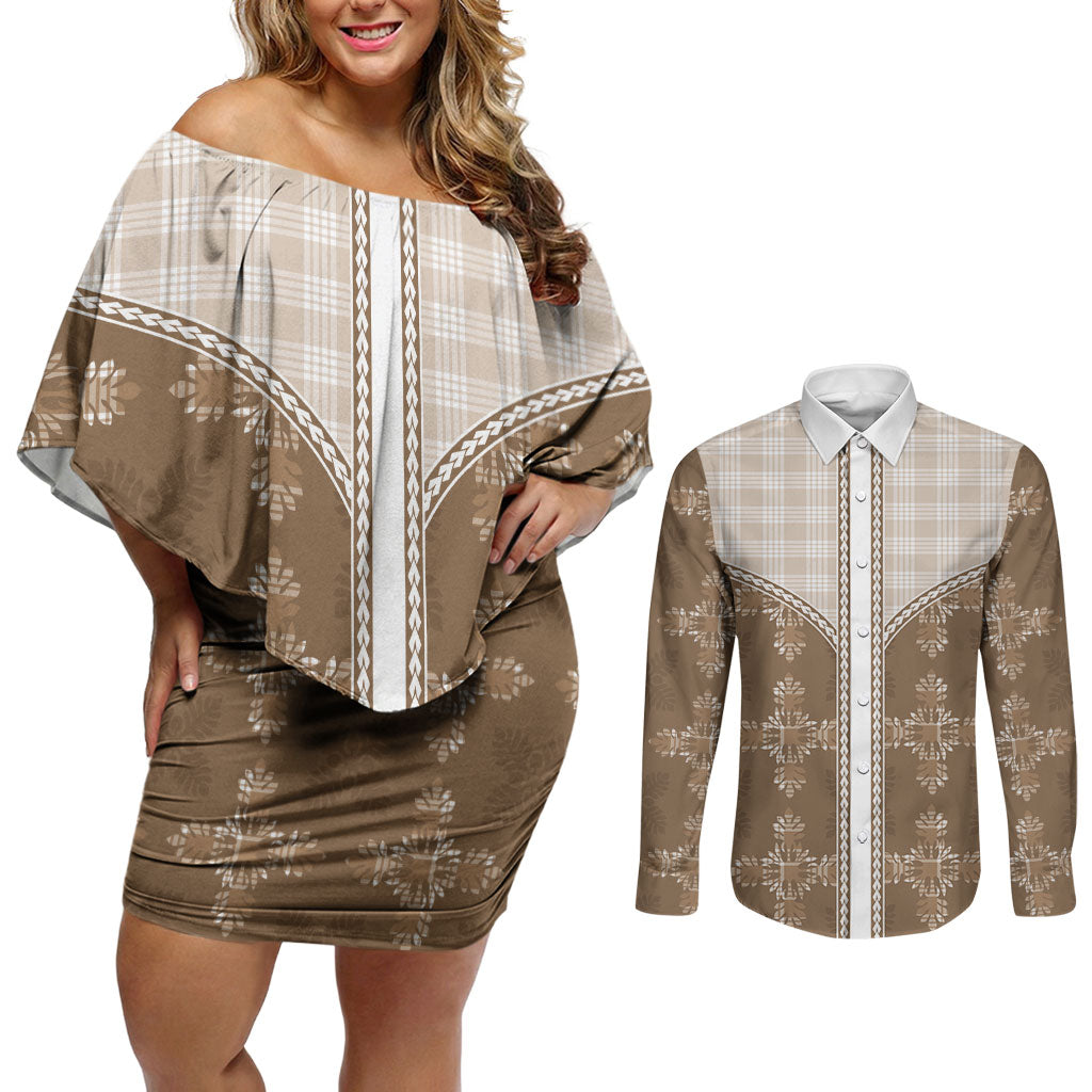 Beige Hawaii Paniolo Quilt Motif Couples Matching Off Shoulder Short Dress and Long Sleeve Button Shirt LT05 Beige - Polynesian Pride