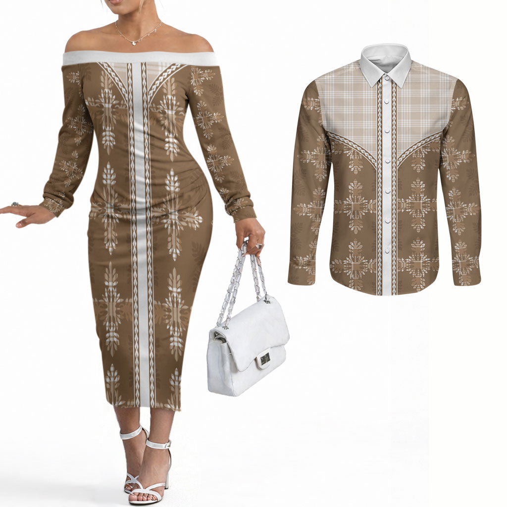Beige Hawaii Paniolo Quilt Motif Couples Matching Off The Shoulder Long Sleeve Dress and Long Sleeve Button Shirt LT05 Beige - Polynesian Pride