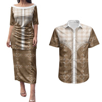 Beige Hawaii Paniolo Quilt Motif Couples Matching Puletasi and Hawaiian Shirt LT05 Beige - Polynesian Pride