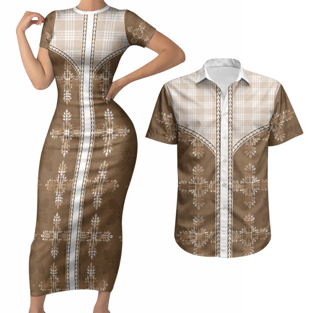 Beige Hawaii Paniolo Quilt Motif Couples Matching Short Sleeve Bodycon Dress and Hawaiian Shirt LT05 Beige - Polynesian Pride