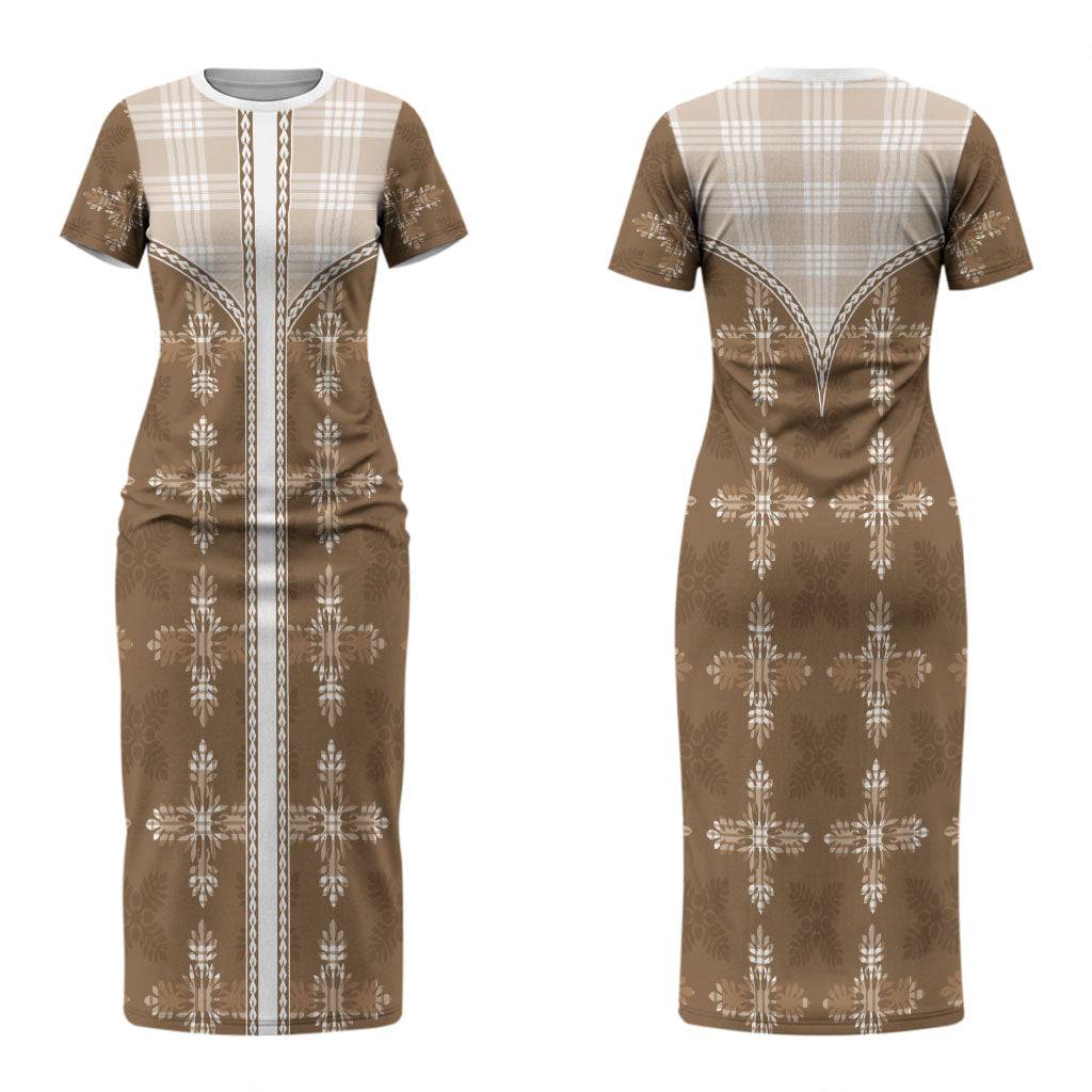 Beige Hawaii Paniolo Quilt Motif Couples Matching Short Sleeve Bodycon Dress and Hawaiian Shirt LT05 - Polynesian Pride