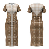 Beige Hawaii Paniolo Quilt Motif Couples Matching Short Sleeve Bodycon Dress and Hawaiian Shirt LT05 - Polynesian Pride