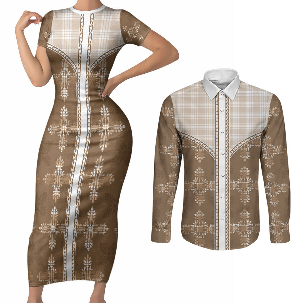 Beige Hawaii Paniolo Quilt Motif Couples Matching Short Sleeve Bodycon Dress and Long Sleeve Button Shirt LT05 Beige - Polynesian Pride