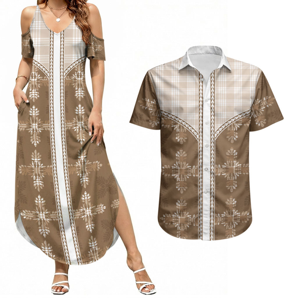 Beige Hawaii Paniolo Quilt Motif Couples Matching Summer Maxi Dress and Hawaiian Shirt LT05 Beige - Polynesian Pride